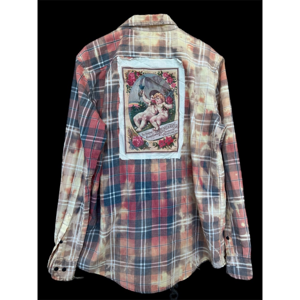 Upcycled Flannel L Cherub Floral Patch‎ Folk Art Shirt One of One - Picture 2 of 7